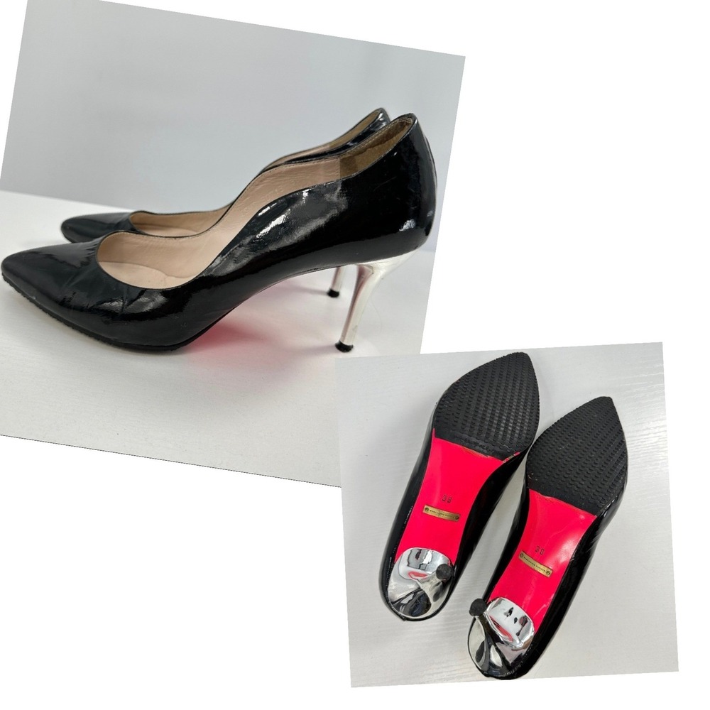 Suecomma Bonnie Y2K Tokyo Glam Black Patent Pumps 38 Chrome Heel Hot Pink Soles
